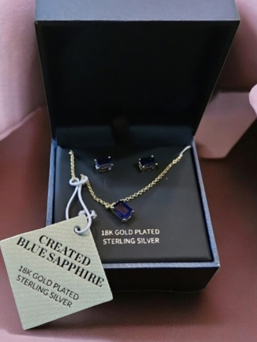 NWT Blue Sapphire Necklace and Stud Earrings‎ Set September Birthstone Jewelry